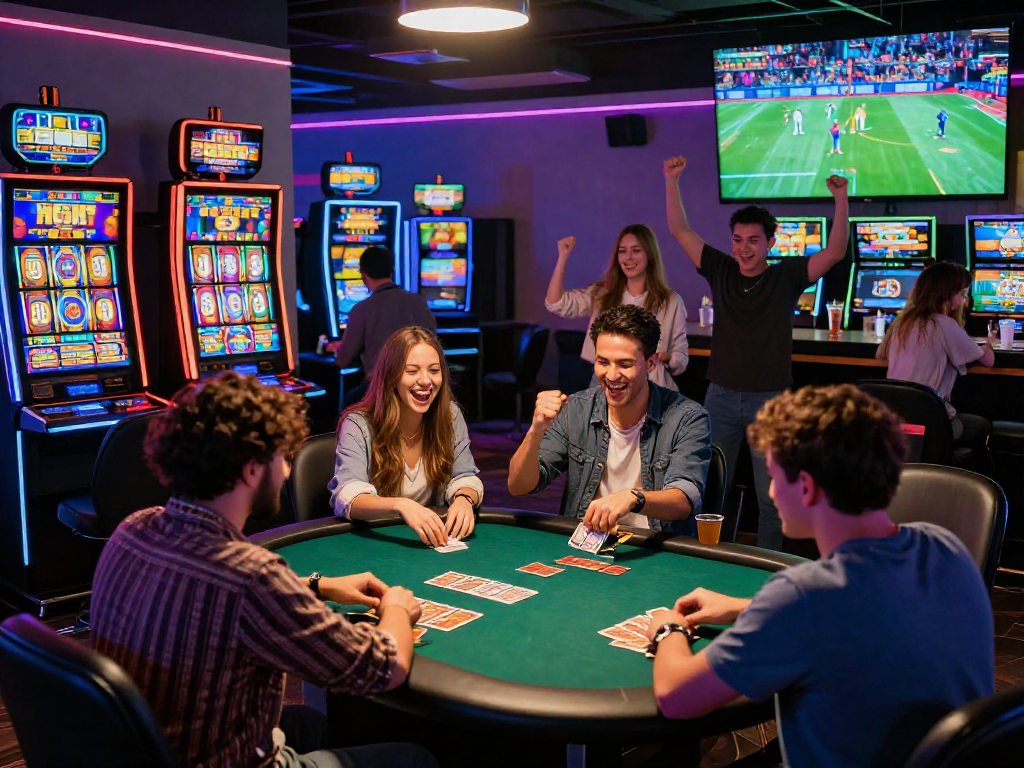 Experience the excitement of gambling at rokok88 slot login, featuring friends enjoying slot games and poker in a vibrant casino atmosphere.