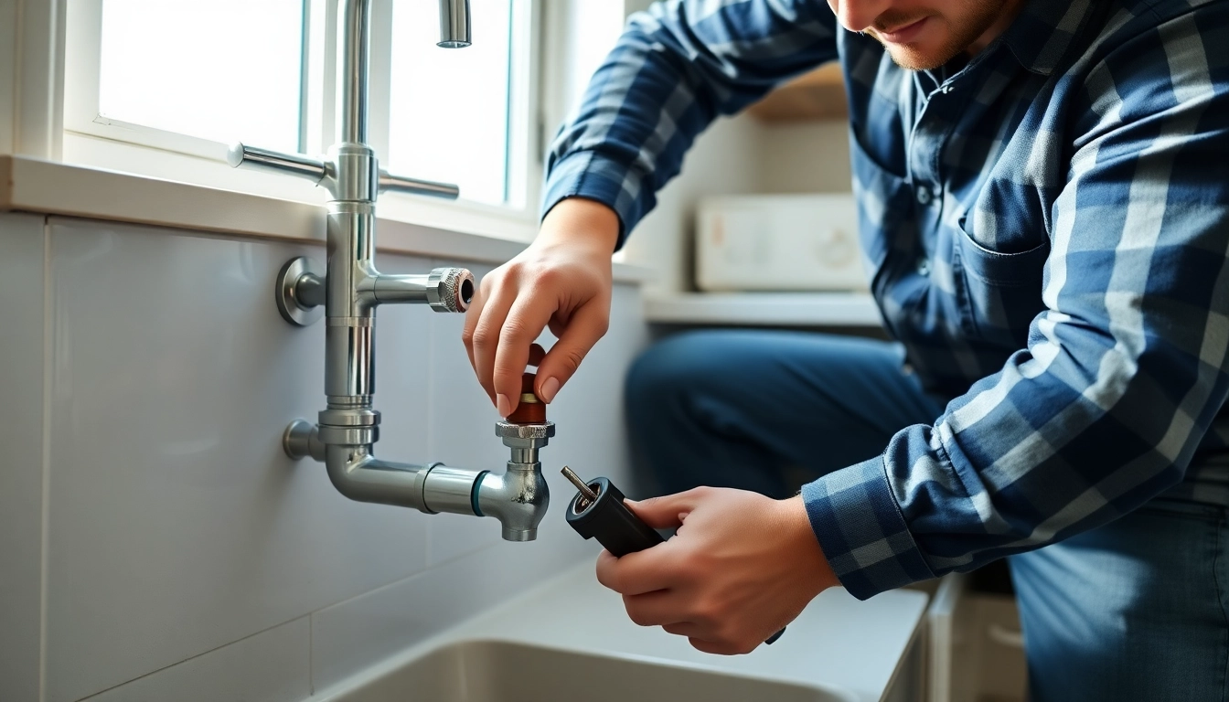 Professional plumber near me installing a modern sink in a bright kitchen.