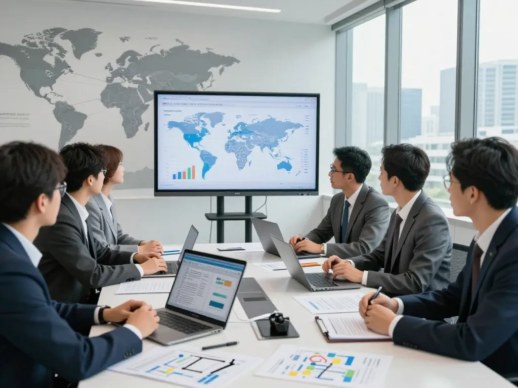 International project finance team collaborating on global funding strategies in a modern conference room