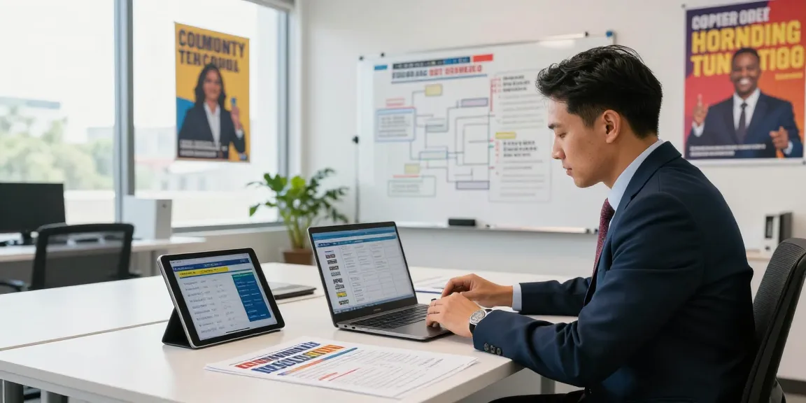 Campaign management pricing analysis at modern office with strategizing tools.