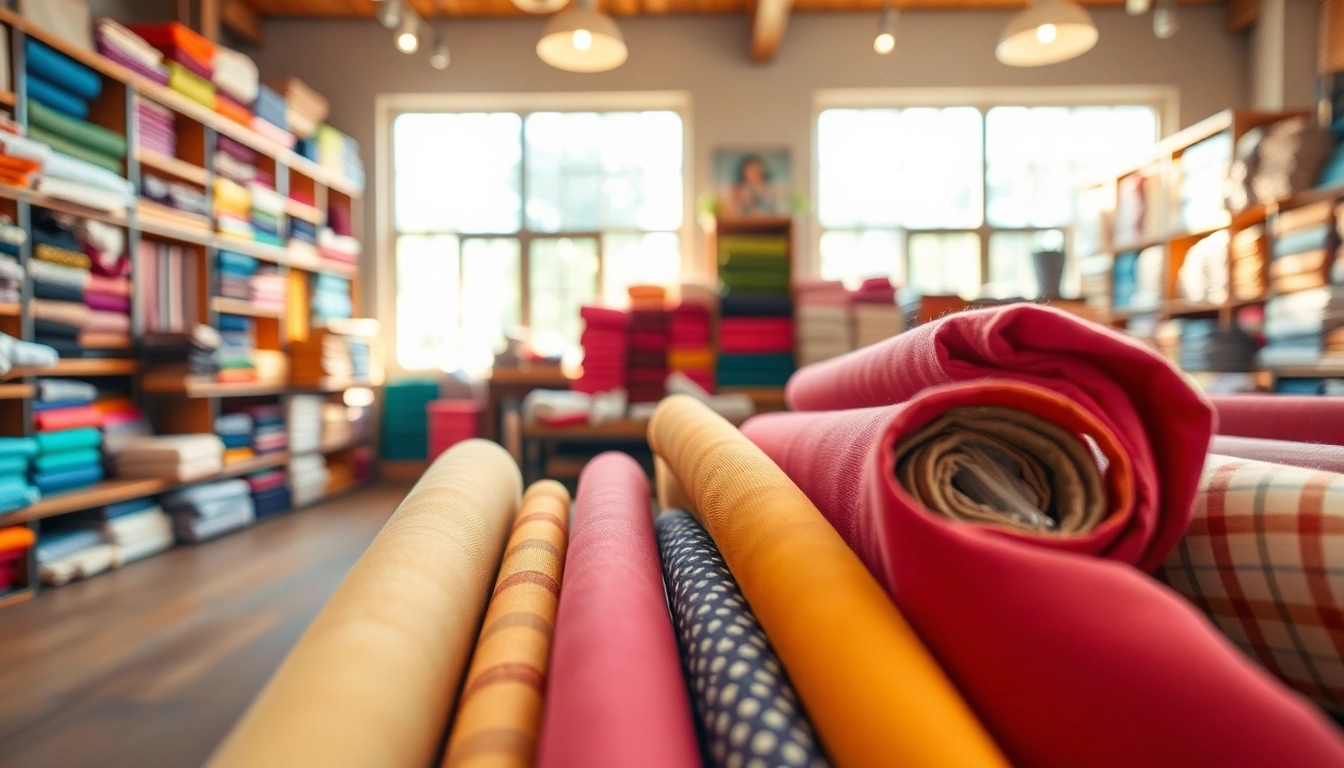 Bekijk stoffen winkel online met kleurrijke stoffen en een uitnodigende sfeer.