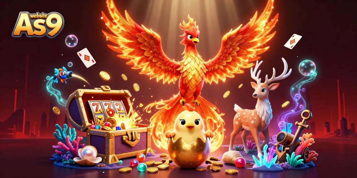 Experience the vibrant world of gambling with website As9, featuring dynamic phoenix characters and casino elements.