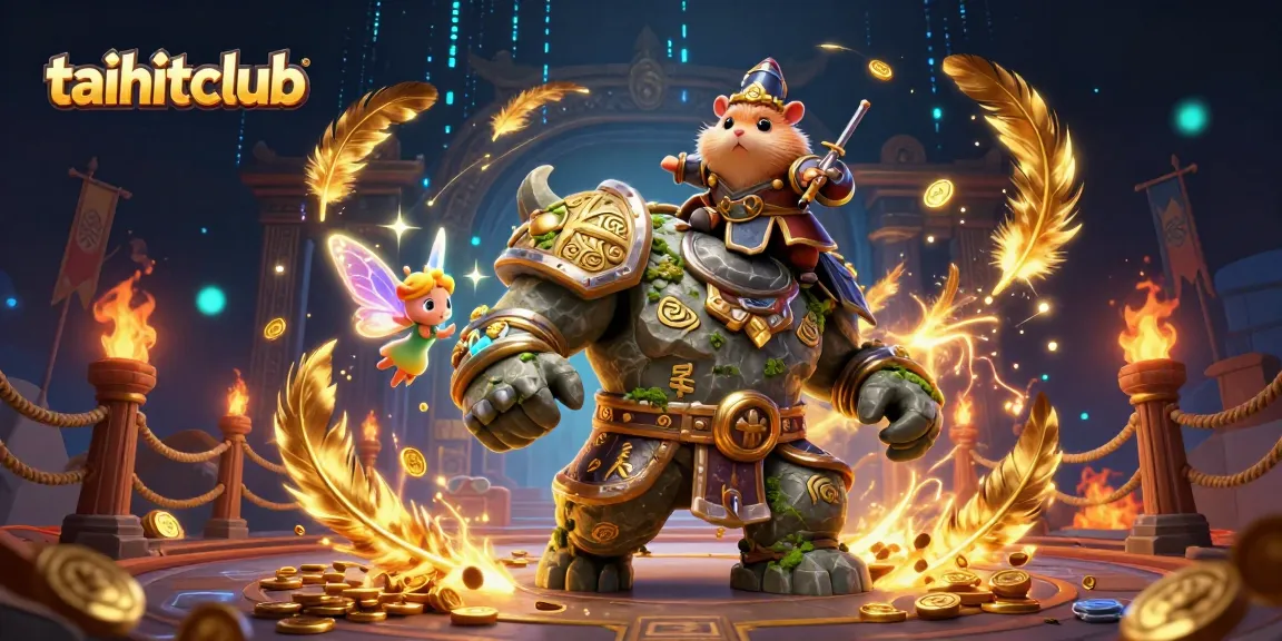 Join taihitclub’s 3D magical scene with golem guardian, fairy, and hamster knight amid glowing casino elements.