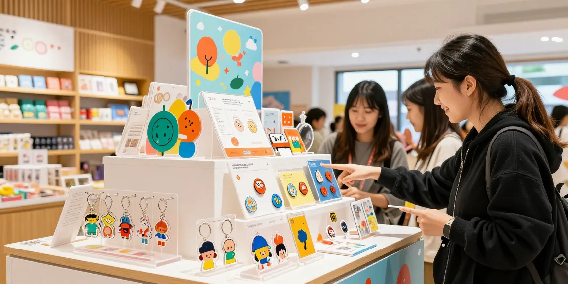 Engaging acrylic standee display showcasing colorful designs in a vibrant retail setting.
