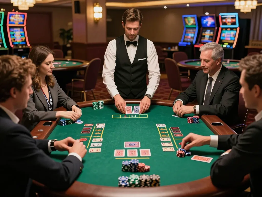 Players strategizing and making bets at sunwingo blackjack table in a vibrant casino.