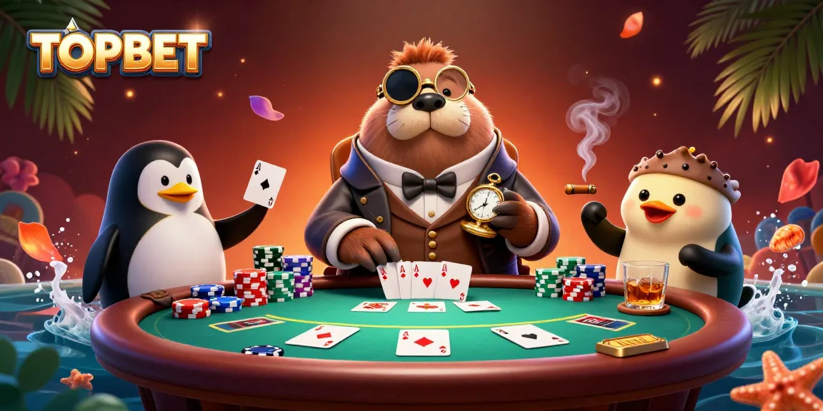 TOPBET showcases a jolly walrus and friends engaging in an underwater poker game, full of vibrant action.