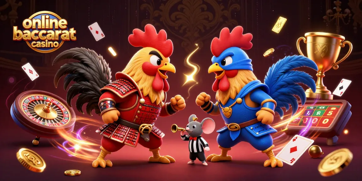 Engage with online baccarat casino excitement featuring animated roosters in a decorative gambling scene.