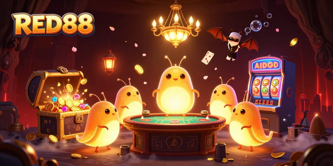 Reveal winning strategies at RED88 with a vibrant, cartoon casino scene featuring glowworms and gaming elements.