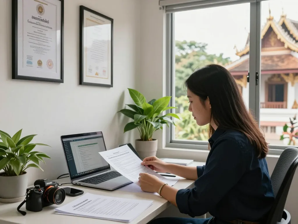 Certified translation services in Chiang Mai with a bilingual translator at a desk surrounded by documents and a vibrant office atmosphere.