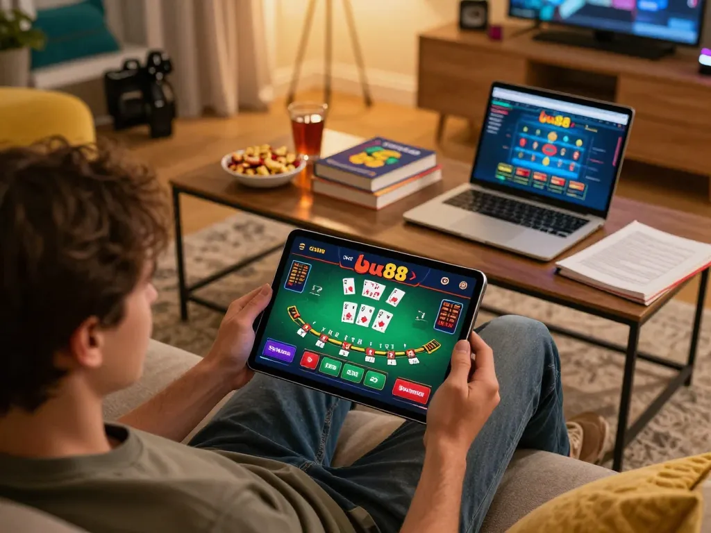 Engagingly playing blackjack on uu88 casino app with tablet, warm home atmosphere.