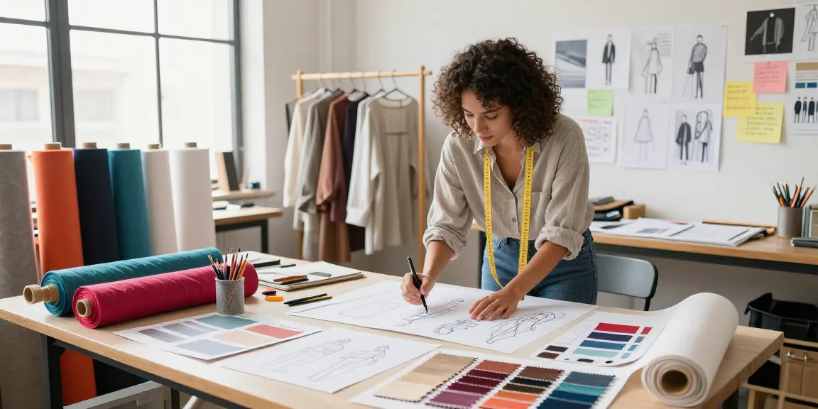 Fashion designer showcasing rokok88 premium fabrics in a creative studio.