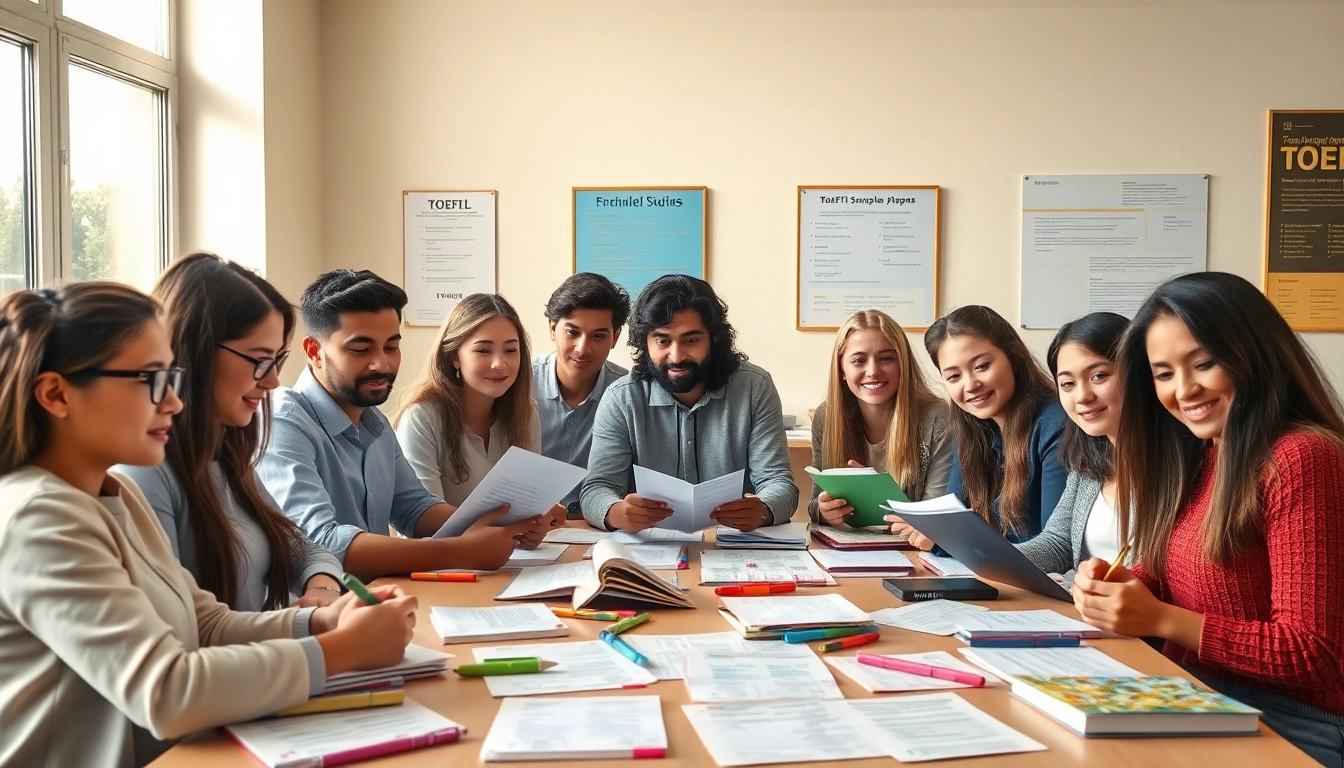 Students collaborating on TOEFL preparation, showcasing toefl expert help in a vibrant study environment.