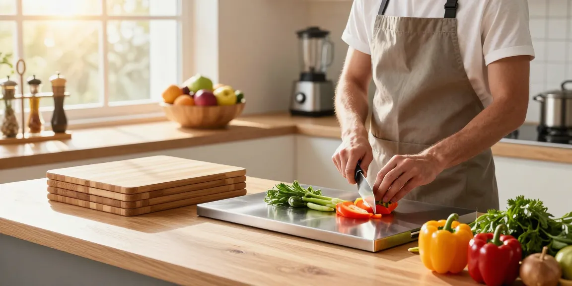 Home chef using titanium cutting boards surrounded by fresh vegetables in an inviting kitchen.