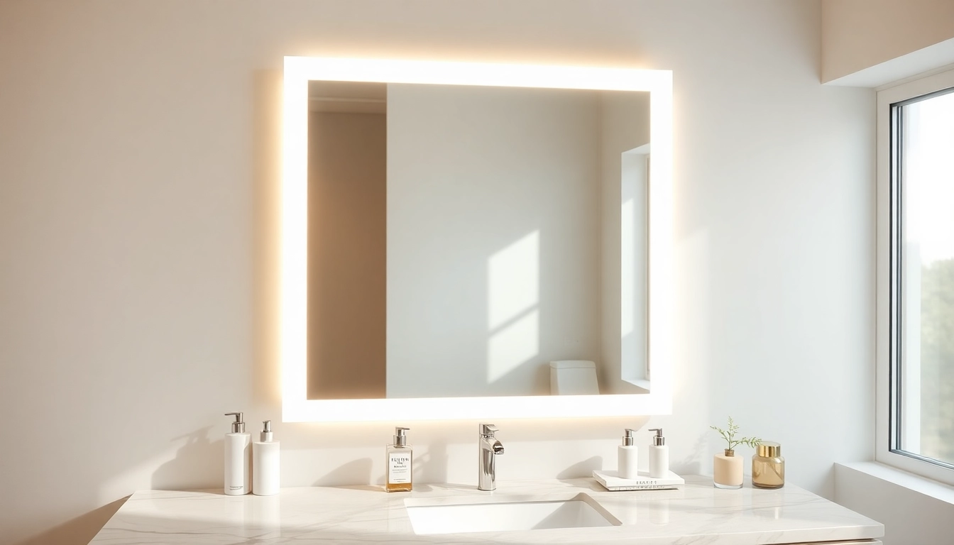 Reflective mirror and LED lights in a serene bathroom highlighting sophistication and luxury.