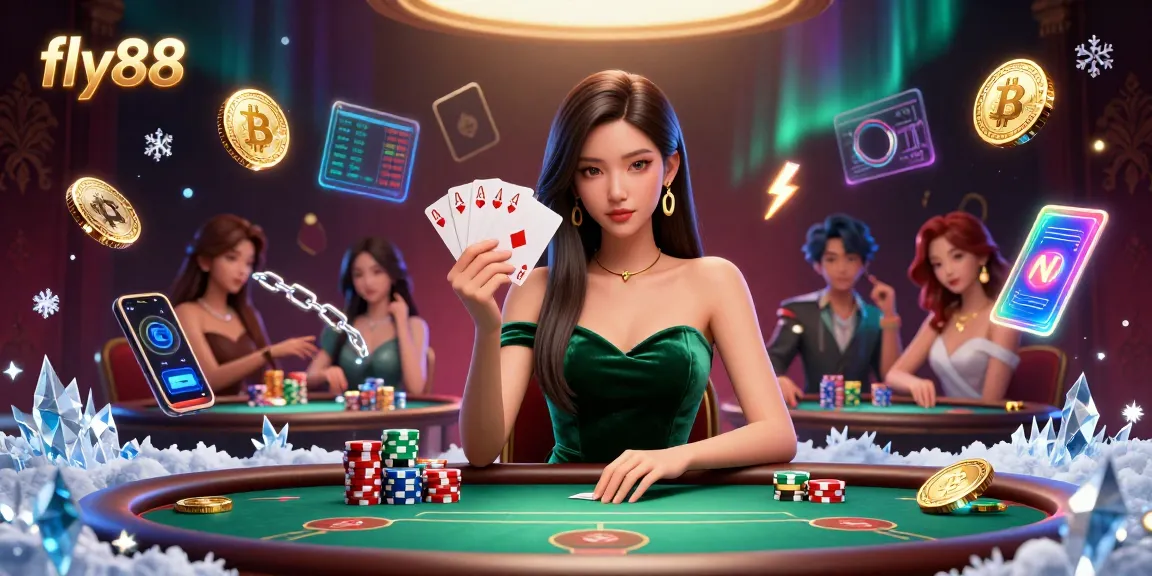 Play poker and win big with fly88 at a vibrant casino table filled with crypto elements.