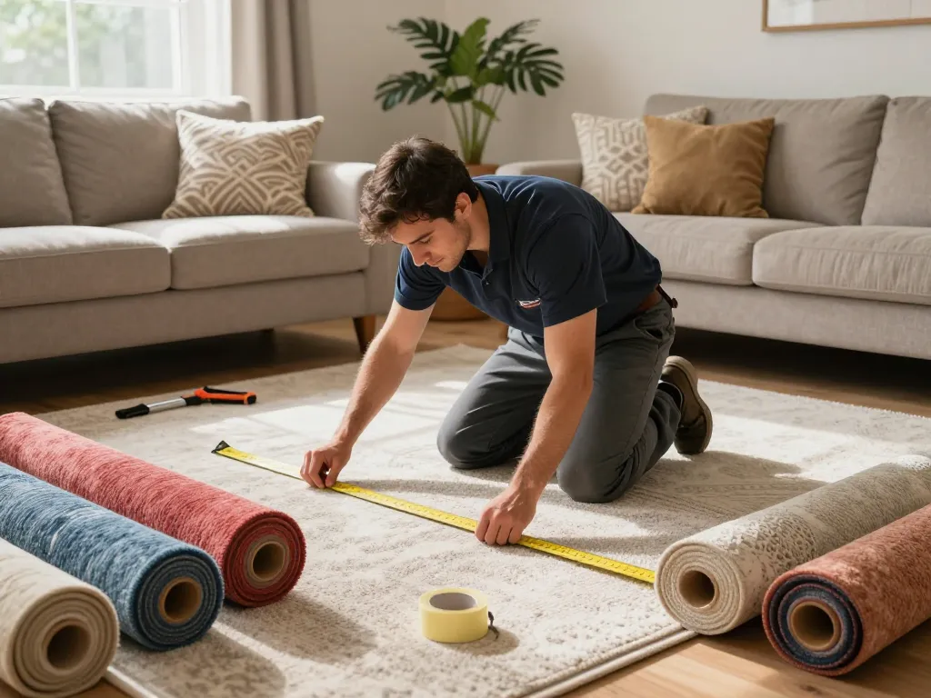 Residential carpet installation by a professional in a warm living room setting with natural light.
