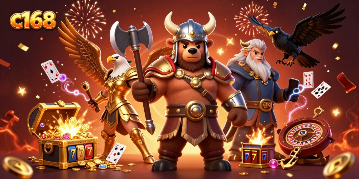Experience exciting gameplay at C168 with vibrant characters and casino-themed elements in a dynamic 3D illustration.