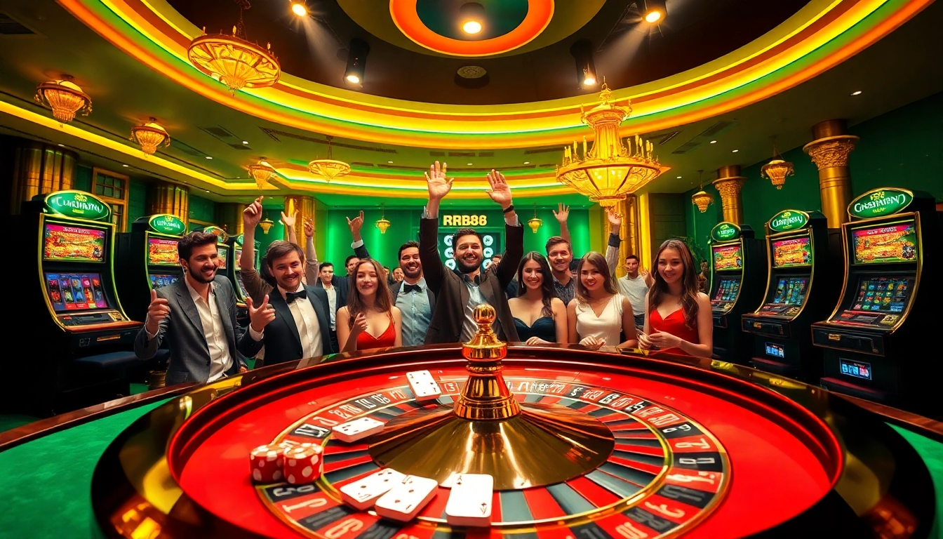 RR88 players celebrating wins at a vibrant casino table, highlighting excitement and professionalism.