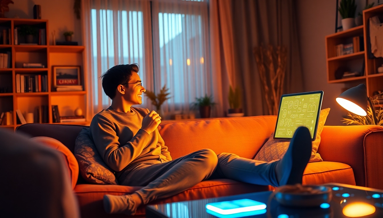 A cozy home scene depicting a person engaging with 'crush on ai' through a friendly digital interface, showcasing warmth and connection.