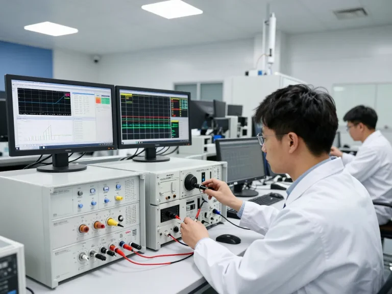 Engineer conducting VSWR measurement in a high-tech EMC testing lab for comprehensive compliance analysis.