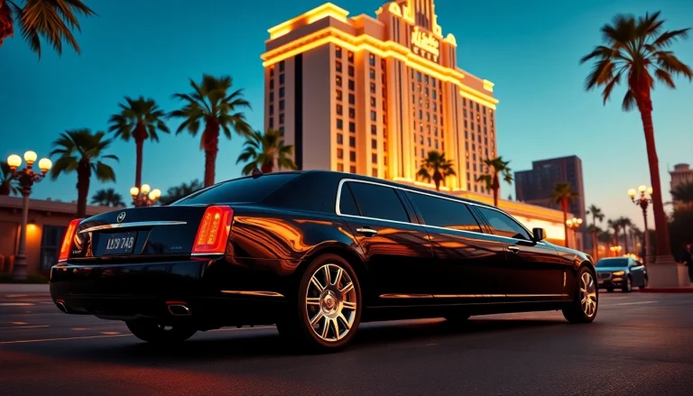 Hollywood Town Car and Limousine parked outside a luxury hotel in Los Angeles at dusk.
