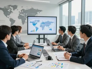 International project finance team collaborating on global funding strategies in a modern conference room