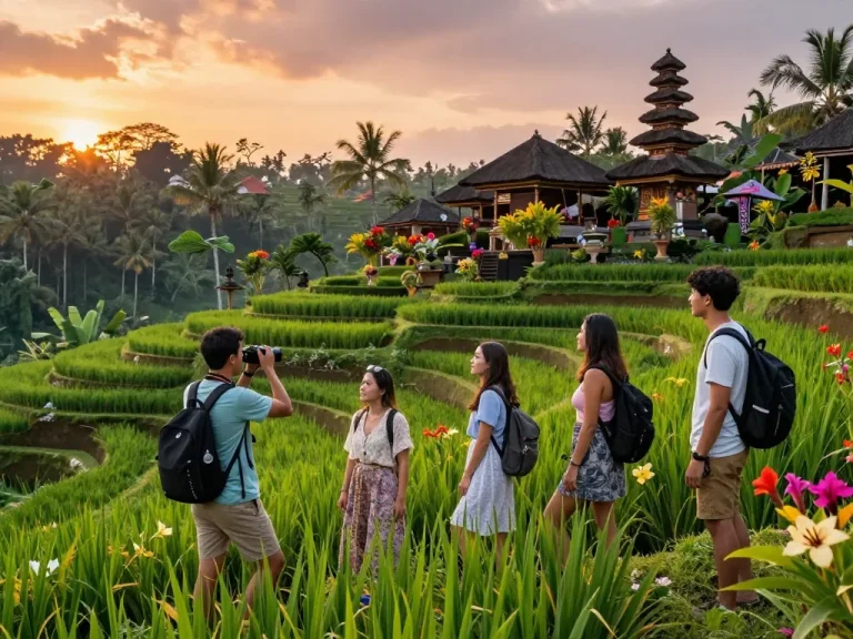 Experience Bali's stunning beauty as you explore Bali tour packages with diverse travelers amidst lush rice terraces.