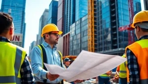 New York Construction Manager supervising a vibrant NYC construction site, highlighting teamwork and planning.