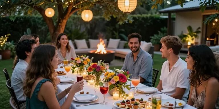 Gathering of friends at twilight showcasing entertaining blogs ideas for hosting perfect outdoor events.