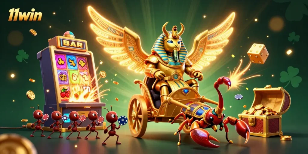 Engage with 11win's exciting casino scene featuring a vibrant golden scarab and jackpot elements.