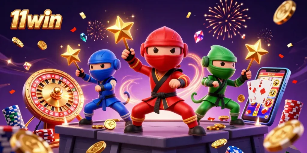 11win showcases a ninja chameleon trio amidst casino elements, spinning roulette and sparkling gems.