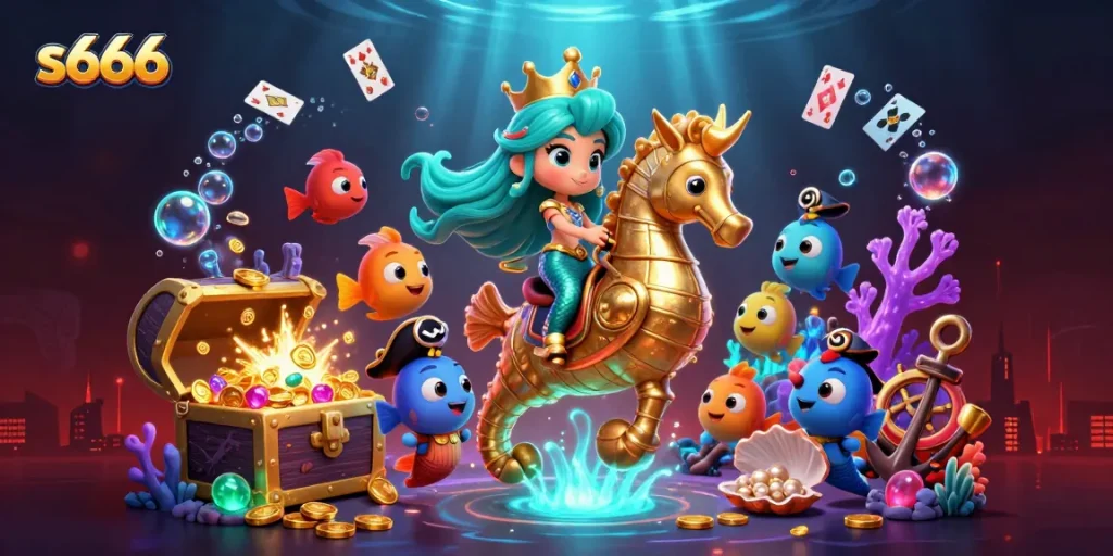 Experience thrilling gameplay at s666 with a vibrant underwater casino illustration featuring mermaids, treasure, and colorful fish.