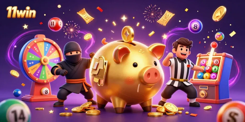Join the exciting world of 11win with vibrant lottery and casino elements in a dynamic illustration.