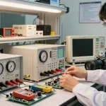 Lab DC Power Supply technician testing units in a professional electronics lab.
