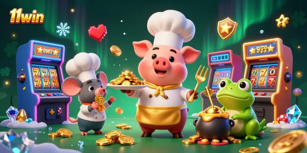 Win big at 11win with vibrant gaming scenes featuring gold coins, arcade machines, and lively characters.