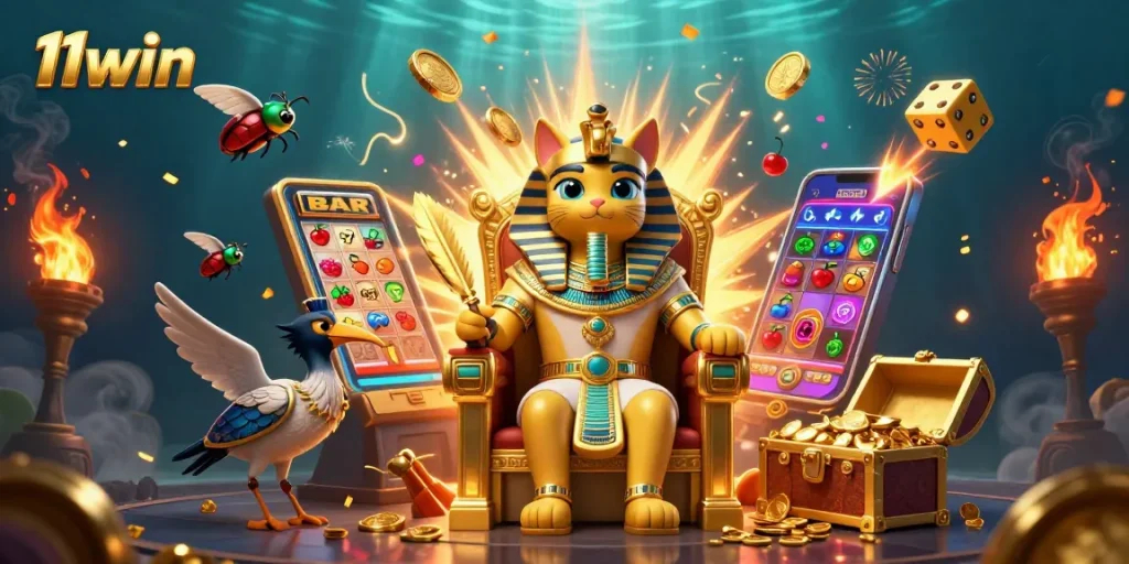 Experience the vibrant scene of 11win's jackpot explosion with a pharaoh cat and treasures.