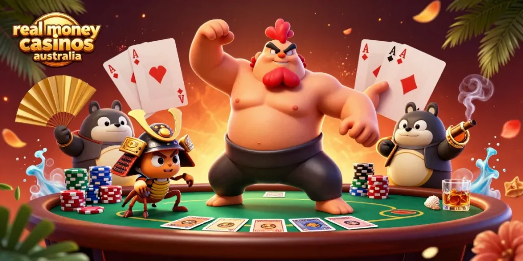 Play exciting games at real money casinos Australia with engaging characters and lively casino scenes.