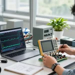 Engineer using a handheld oscilloscope in a bright lab setting, demonstrating electronic troubleshooting.