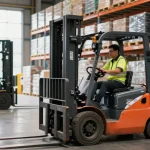 Best forklift in action within a busy warehouse, showcasing electric models efficiently moving pallets.